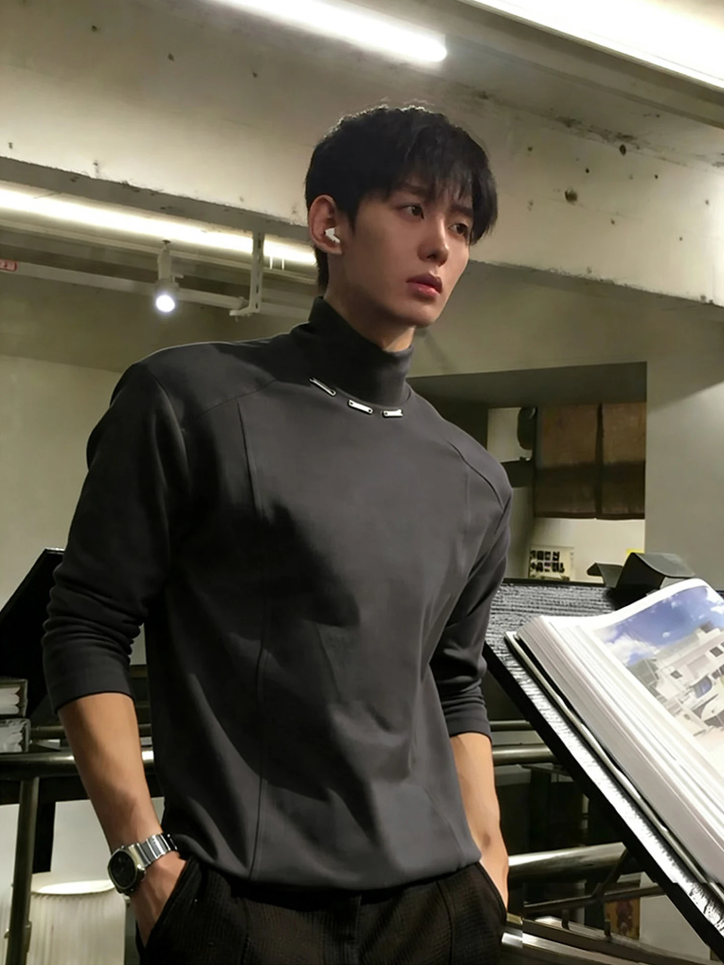 Gray Thickened German Velvet Men's T-Shirt Long Sleeve Half High Collar Autumn Winter American Retro Trendy Inner Wear Base S...