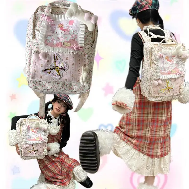

Sanrio Hello Kitty New Versatile Backpack Y2K Floral Full Print Sweet Girl Shoulders Bag Casual Trendy Travel Commuting Backpack