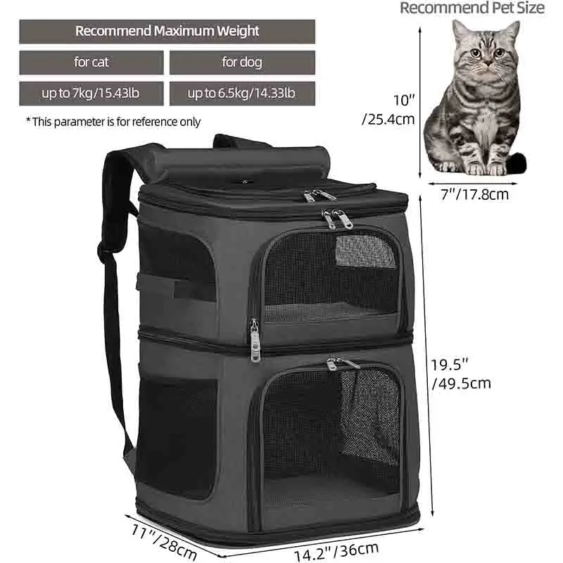 Double Layer Cat Carrier Backpack Removable Cat Bag for 2 Cats Collapsible Pet Carrier for Small Medium Cats Dogs Puppies of 7kg