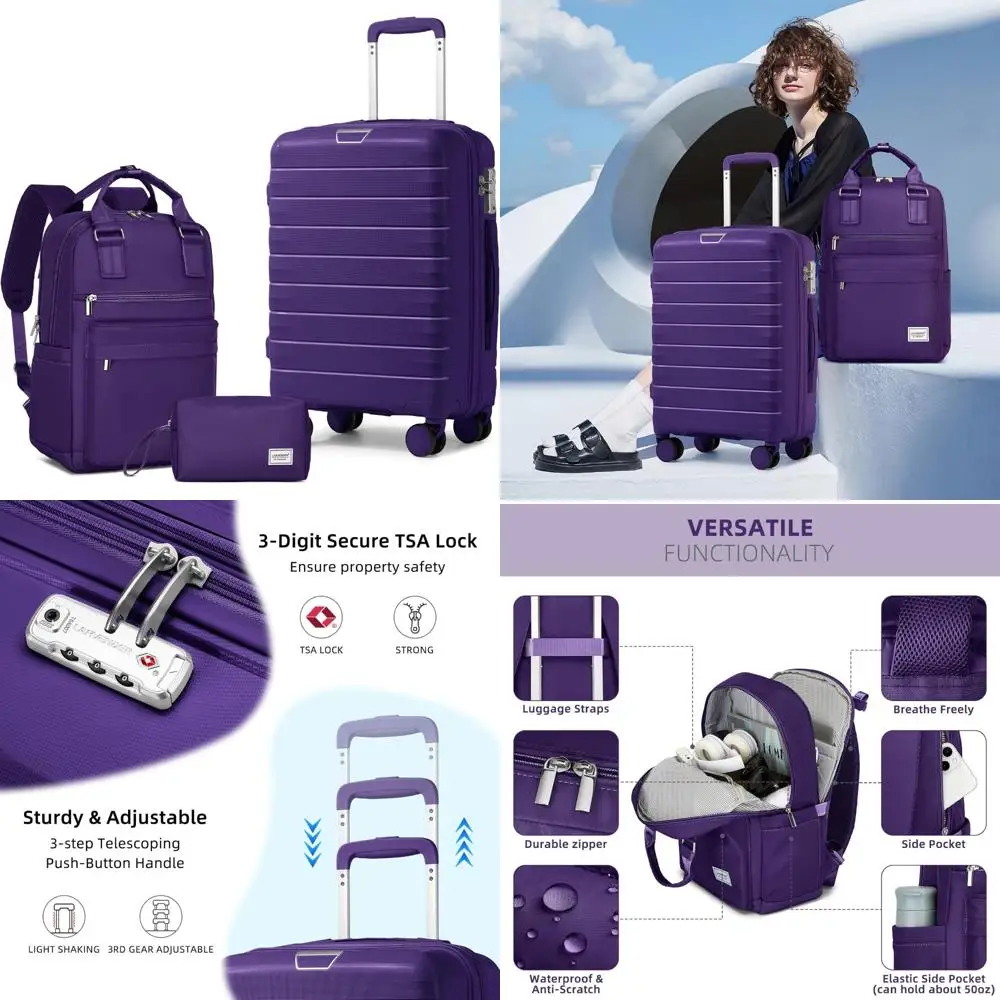 

Набор чемоданов из трех предметов из твердой полипропилена с 360° ° Спиннерные колеса, замок TSA, женский багаж из виноградного полиуретана, незаменимая для путешествий