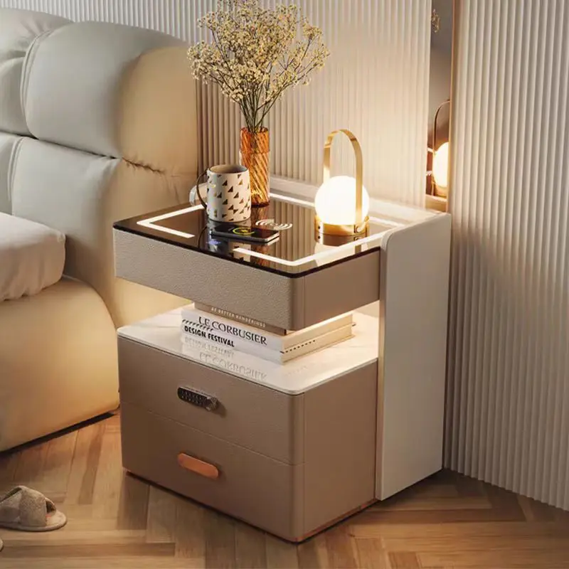 

Smart Bedside Table Modern Three-Drawer Stone Solid Wood Light Luxury Living Room Bedroom Storage Cabinet