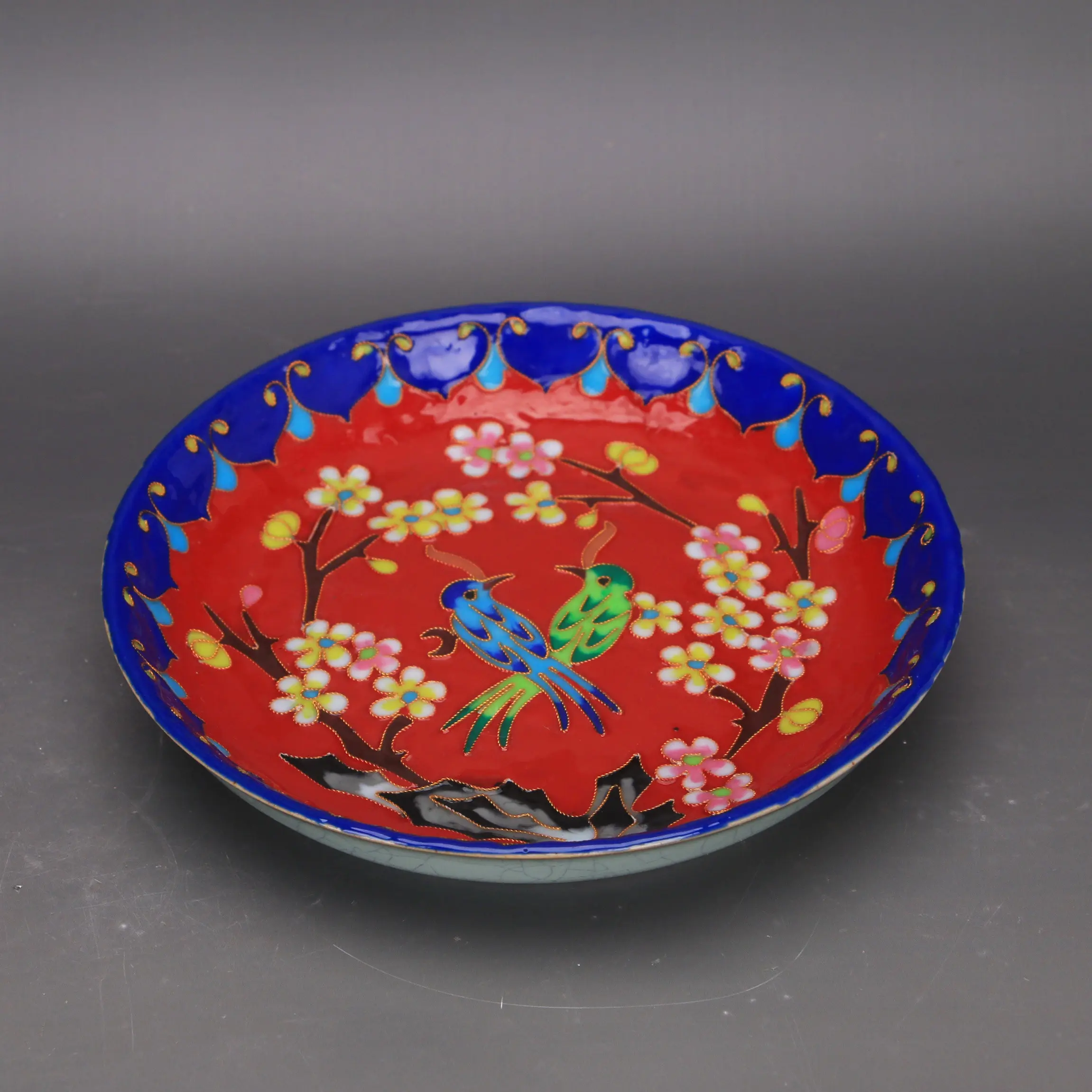 Handmade Chinese Qing Qianlong Style Ru Ware Cloisonne Enamel Floral Bird Nest Plate Porcelain Vintage Home Decor Gift