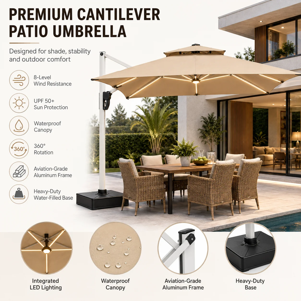 3x3M Solar LED Cantilever Patio Umbrella 8-Rib Aluminum Frame UPF50+ Waterproof 360 Degree Rotation Garden