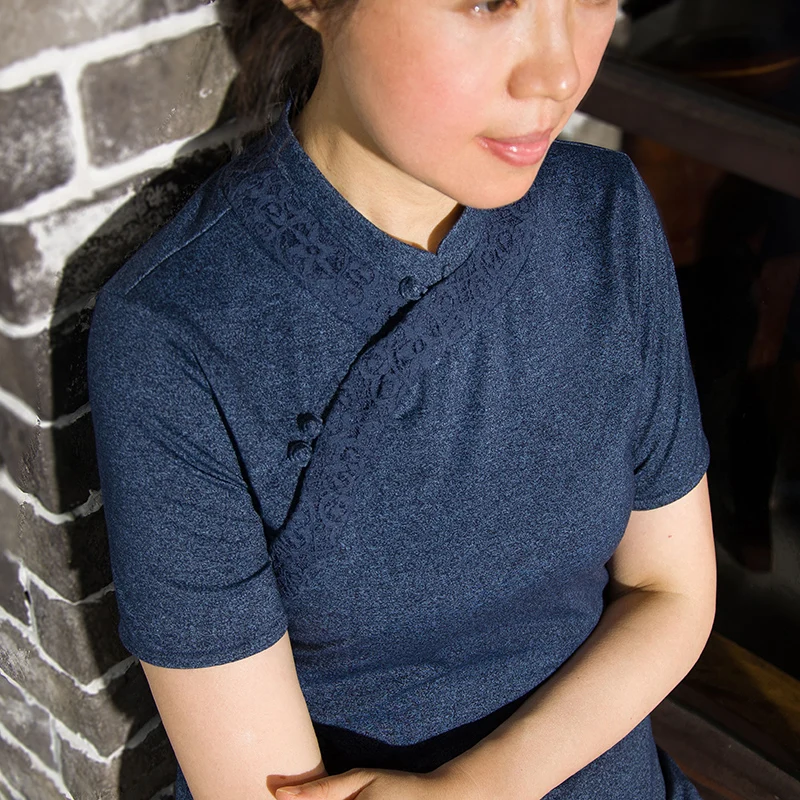 

Pure Cotton Bla Knitted ort Sve T-irt with Lace And Chinese Sle Button up Top Evening e Cotton Lace T-irt