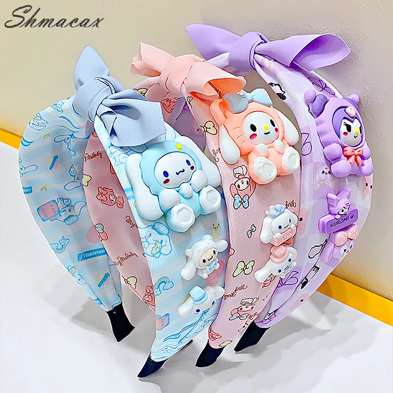 Fashion Girl Hair Band Kawaii Cartoon Cinnamoroll Kuromi Anime Bow Children Headwear Women Face Wash Hair Band