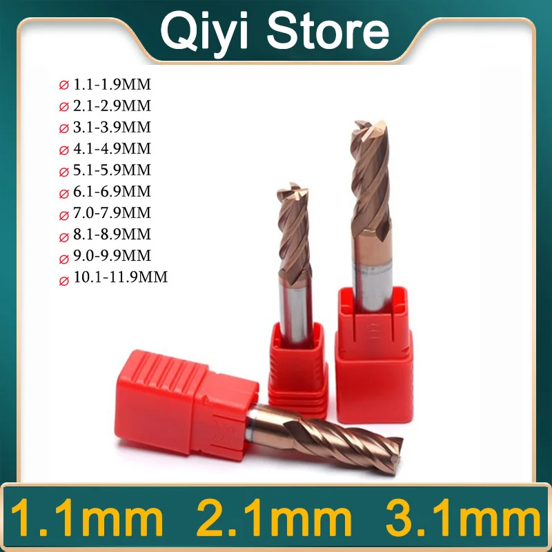 

D1.1mm 2.1mm Carbide End Mill HRC55 4 Flutes Decimal Point CNC Milling Tools Tungsten Carbide Steel Milling Cutter D1.1-D11.9mm