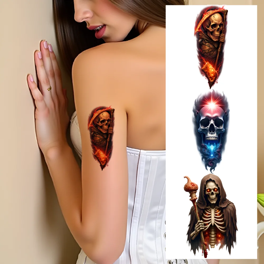 

9pcs Temporary Tattoo Lantern Colorful Realism Hooded Figure Crystals Realistic Temporary Tattoos Skeleton For Women Arms