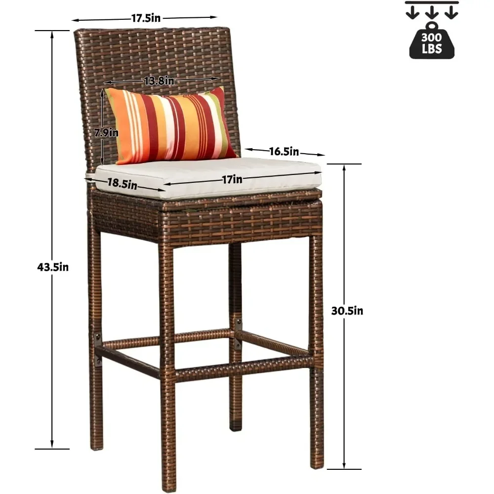 Bar Stools Set of 4, High Brown Rattan Chair with Pillow & Beige Cushion, All-Weather, Bar Chairs