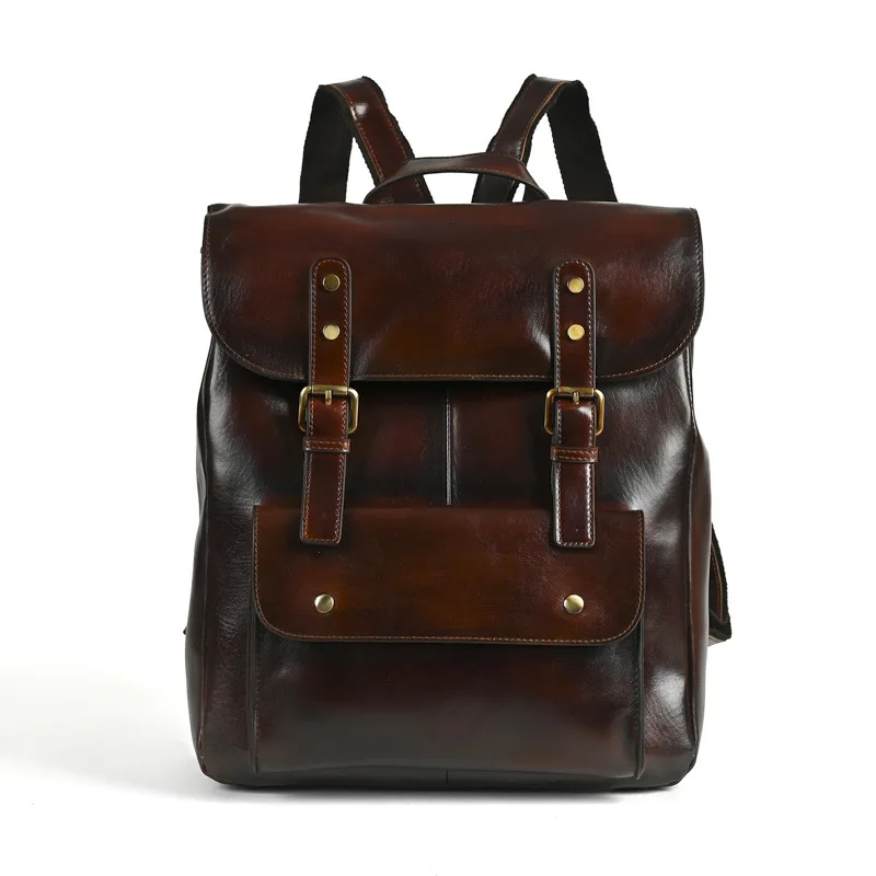 Leather backpack women's wear-resistant cowhide computer backpack college style 14 inch large capacity retro men and women