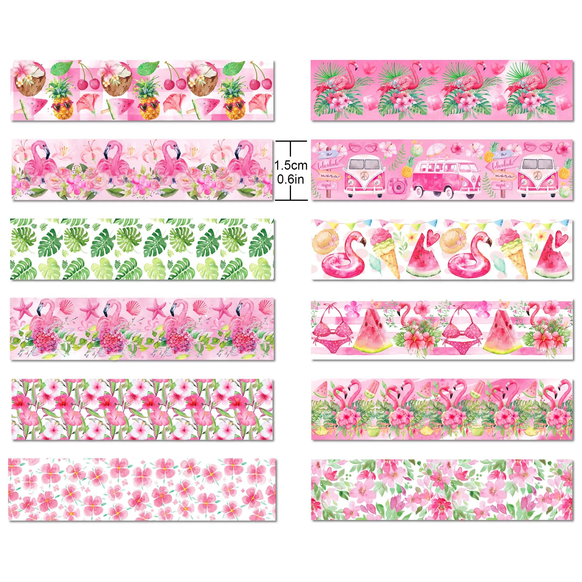 12pcs Hawaii Flamingo Designs Washi Tapes Scrapbooking Material Photo Album Decor Masking Tapes DIY Craft For Diary Decoration