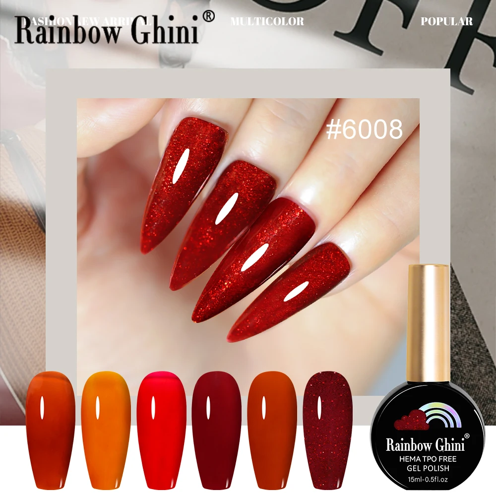 Rainbow Ghini 15ml 146 Farben Hochwertiger Nagel-Gel-Lack Top- und Basecoat Roter Feinglitter Soak-Off UV-Gel-Lack TPO/HEMA-FREI