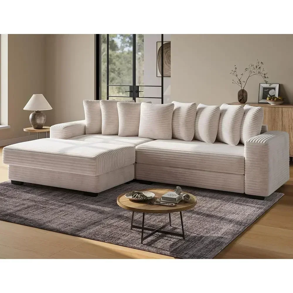 L-Shaped Sectional Sofa with Chaise, Cloud-Soft Corduroy, Deep Seating, Living Room (Beige)