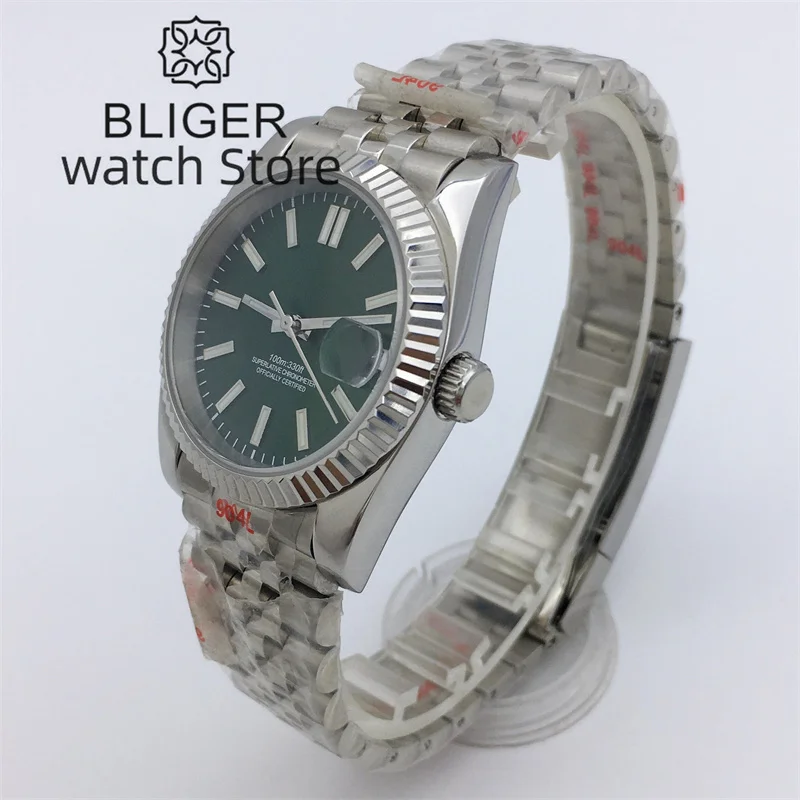 BLIGER 사파이어 유리 녹색 다이얼, 날짜 녹색 발광 NH35A 무브먼트, 자동 남성용 스테인레스 스틸 스트랩, 36mm, 39mm