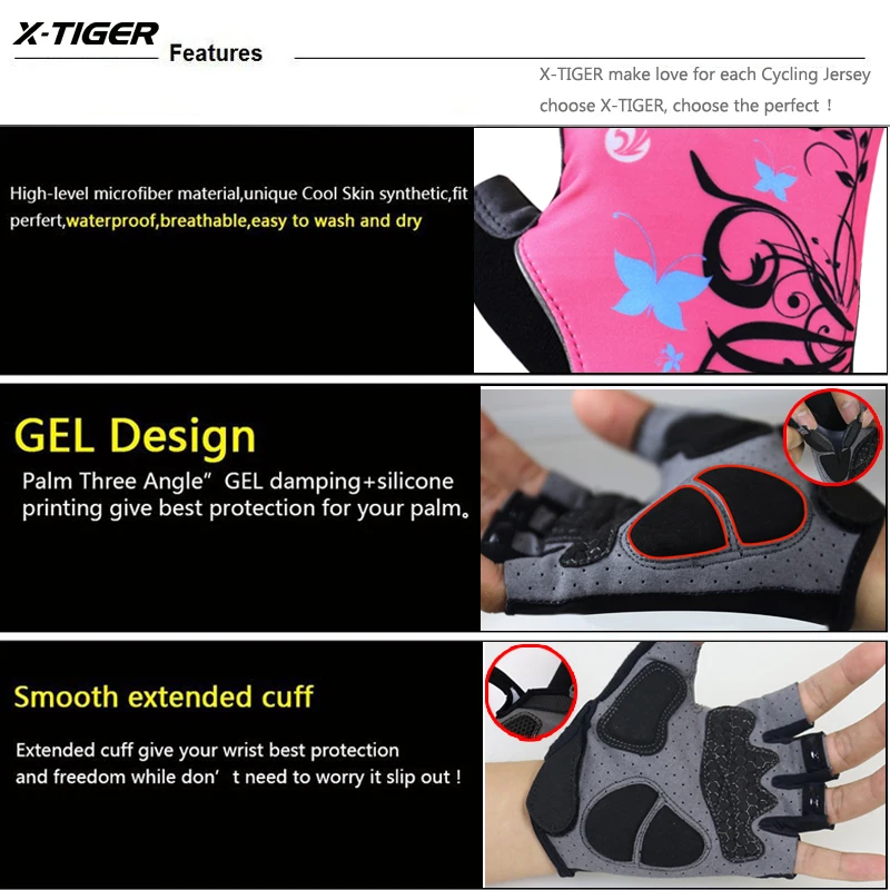 X-TIGER Cycling Gloves Pink Woman Half Finger Racing Gloves MTB Bike Mitten 3D GEL Breathable Non-Slip Sport Fitness Gloves