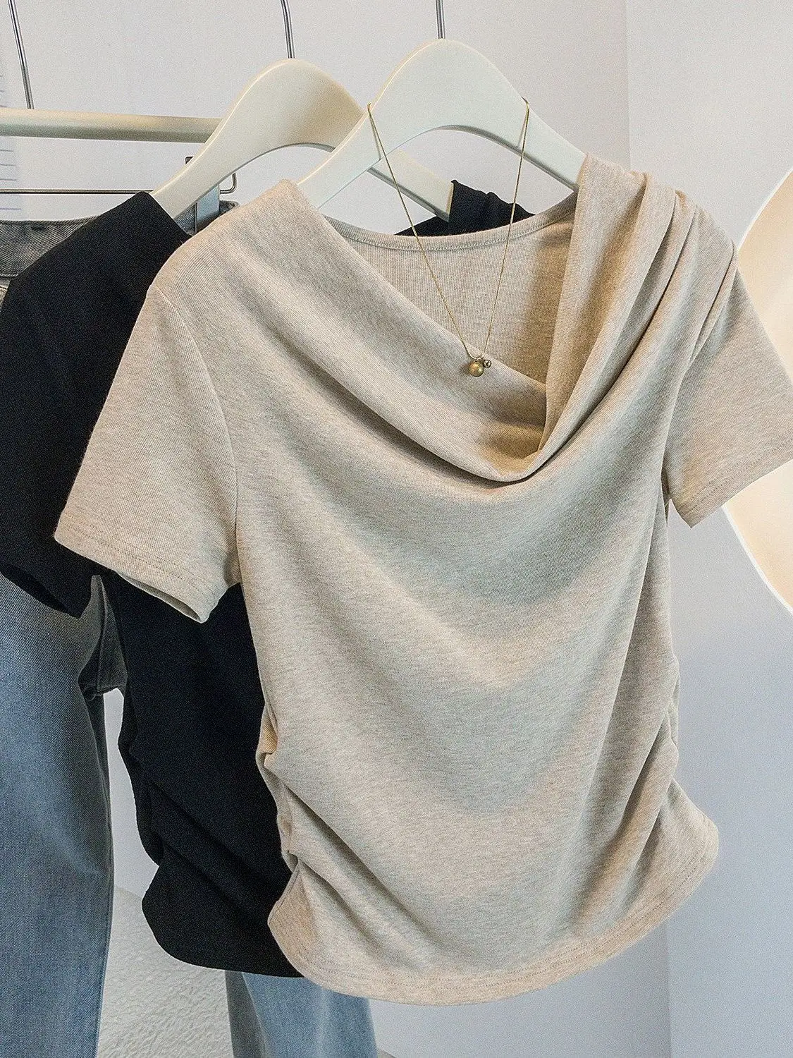 

plus Size Women's Short Sleeve T-Shirt Summer Slim Fit Elastic Korean Style Casual Breathable Pure Color Casual Top