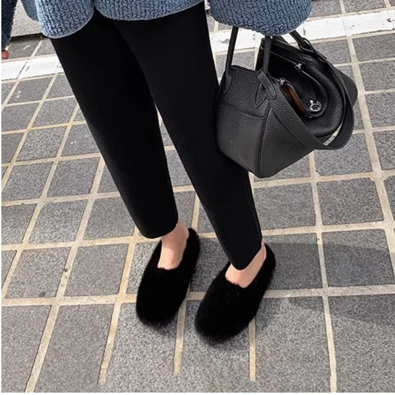 Winter Furry Shoes Ladies Mink Fur Flat Loafers Women Shallow V-Open Flats LadiesWomen Warm Fluffy Closed Heel Mink Fur Shoes