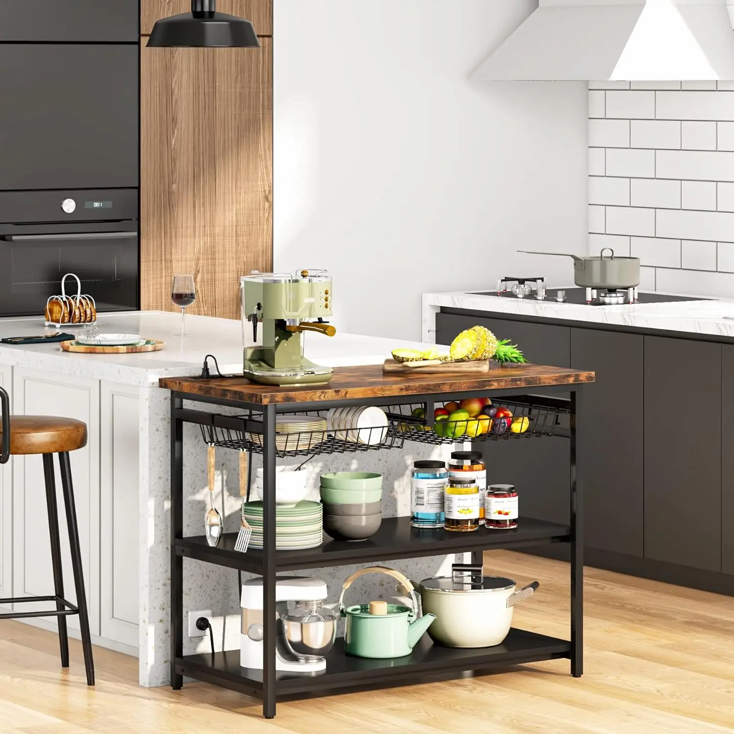 Kitchen Island with Storage, Industrial Island Table with Power Outlets and Wire Baskets, 3 Tier Microwave Oven Stand