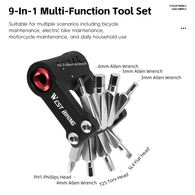 WEST BIKING Multifunctional Bike Repair Tool Portable Bicycle Tools 9-In-1 Wrench Kit CO2 Injector Allen Keys Set Bike Tool kit