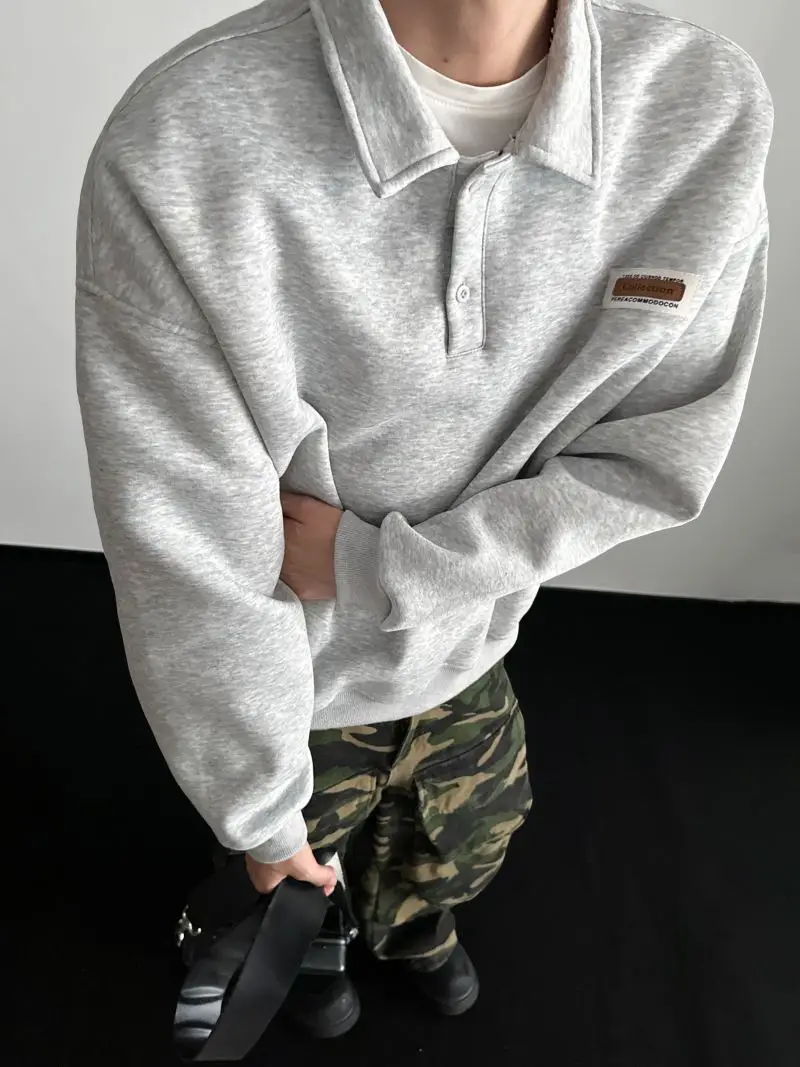 Autumn Men's Casual Solid Color Polo Neck Sweatshirt American Style Couple Loose Long Sleeve Turn down Collar Top Hoodies