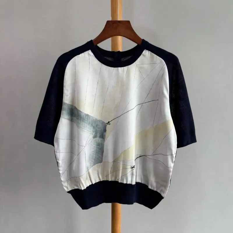 New Summer Women's Clothing Old Money Style Silk Printed Patchwork Hollow Knitted Short-sleeved Top