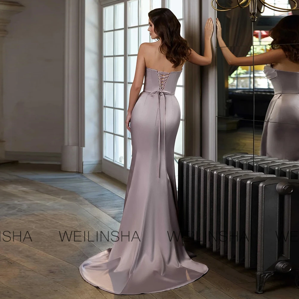 Sexy Mother of the Bride Dresses Satin Sheath/Column Formal Evening Dress Lavender Strapless Draped Split Lace-up Prom Dresses
