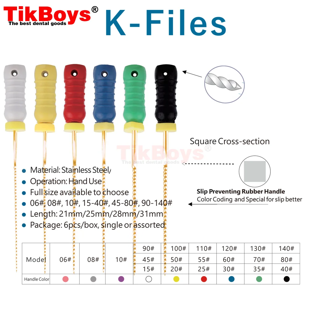 6Pcs/Pack Dental Hand Use K-Files 21/25/31mmStainless Steel Endodontic Root Canal Files Dentist Tools Dental Files Lab Equipment