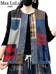 Max LuLu Autumn Fashion Sleeveless Clothes Womens Loose Plaid Denim Vest Classic Printed Coats Ladies Casual Vintage Waistcoats