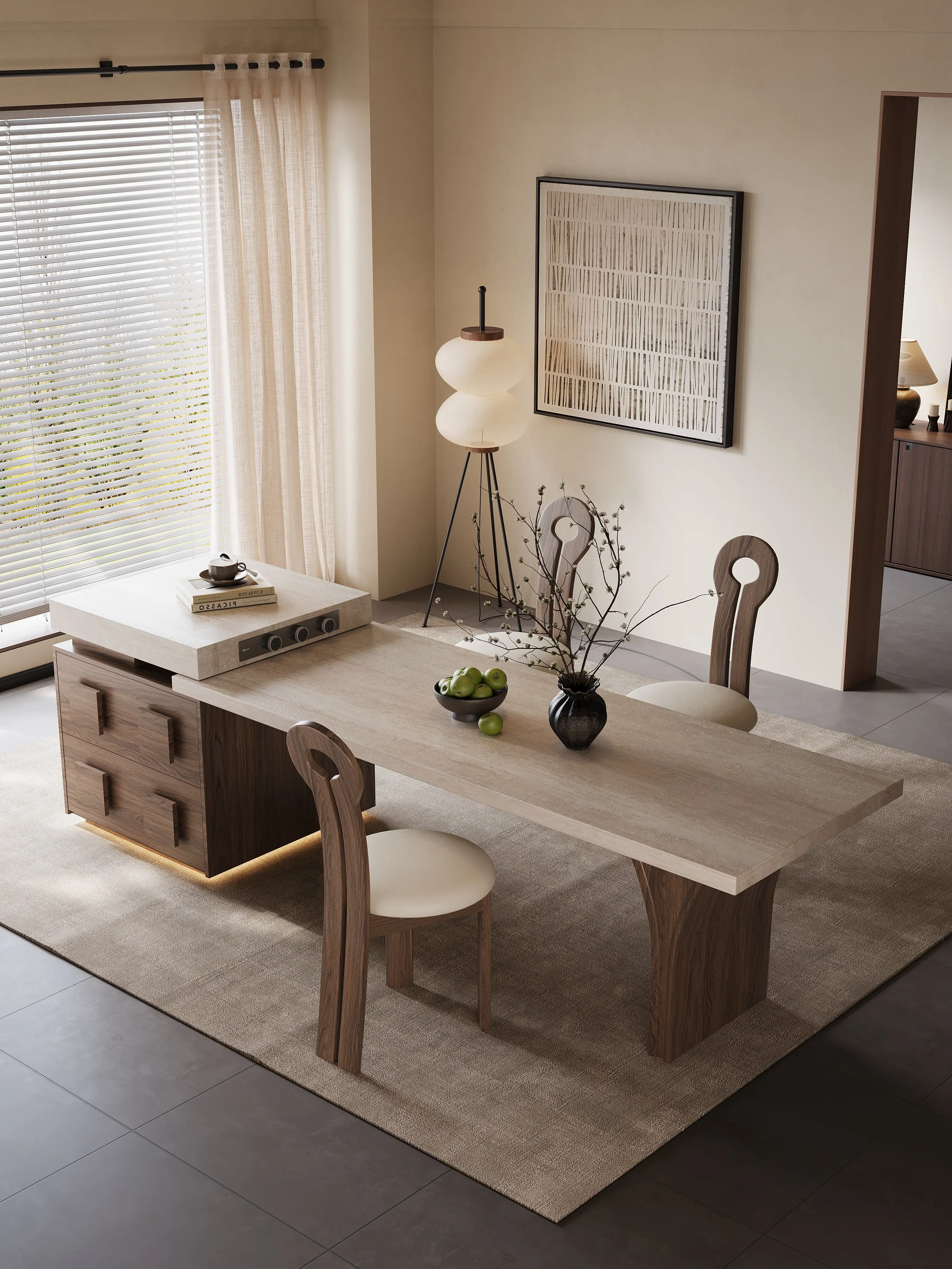 

PYJ household retractable travertine rock slab medium ancient style kitchen middle island table integrated