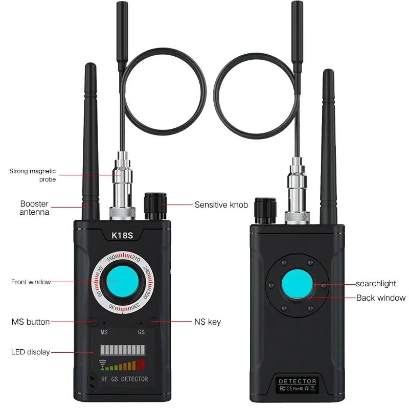 K18S 업그레이드 RF 신호 감지기 안티 스파이 핀홀 마이크로 카메라 스캔 마그네틱 GPS 로케이터 GSM 비밀 버그 탐지기