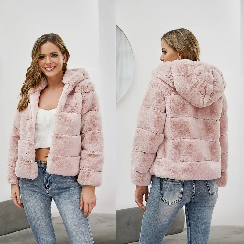 New Short Solid Loose Horizontal Patchwork Hooded Faux Fur Autumn Winter Warm Coat