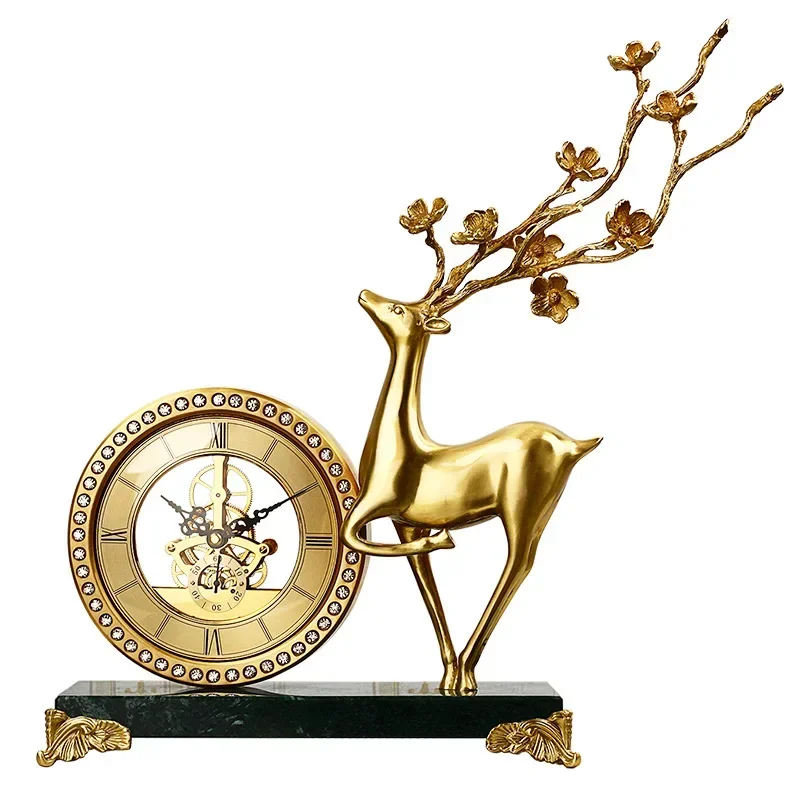 Modern Home Decor Metal Plum Deer Statue Art Desk Table Clocks Brass 3D Desktop Deer Gold Clock