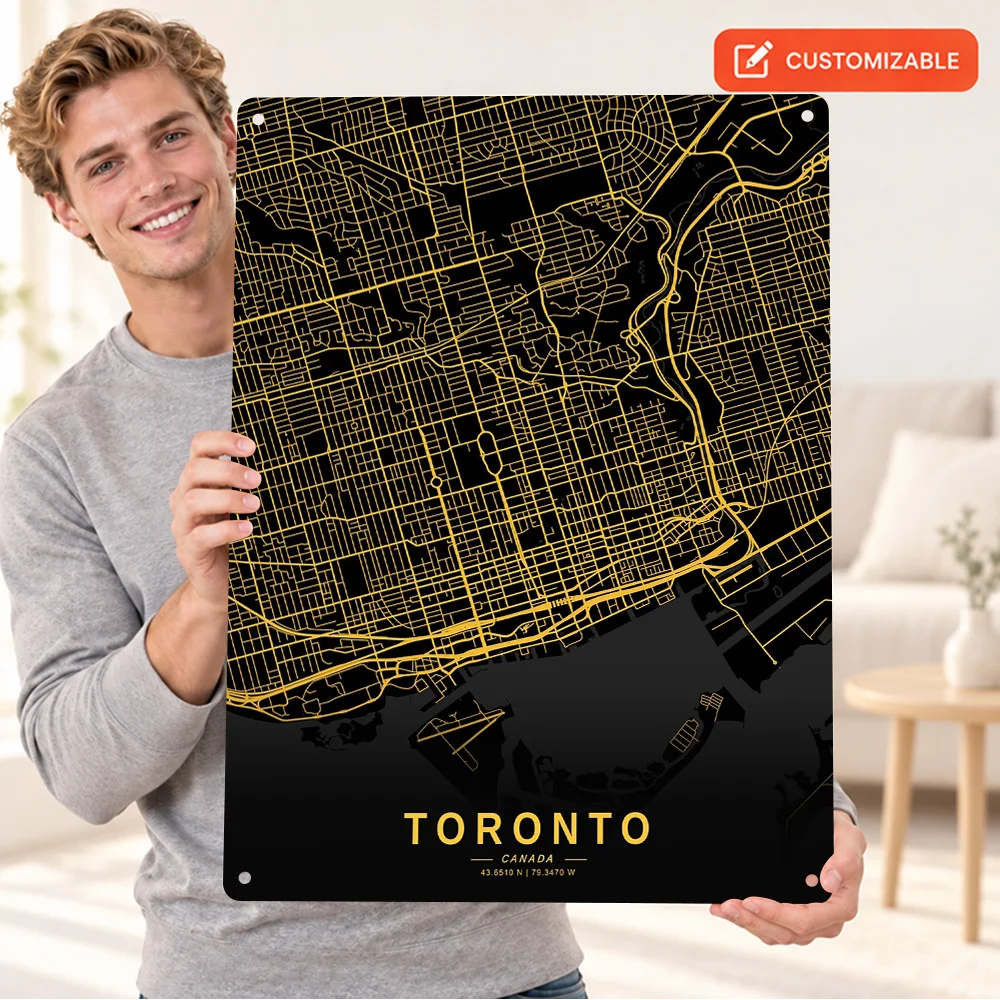 Golden Toronto City Map Textured Metal Poster Retro Minimalist Wall Art For Library Personalized Aluminum Sign Architect Gift