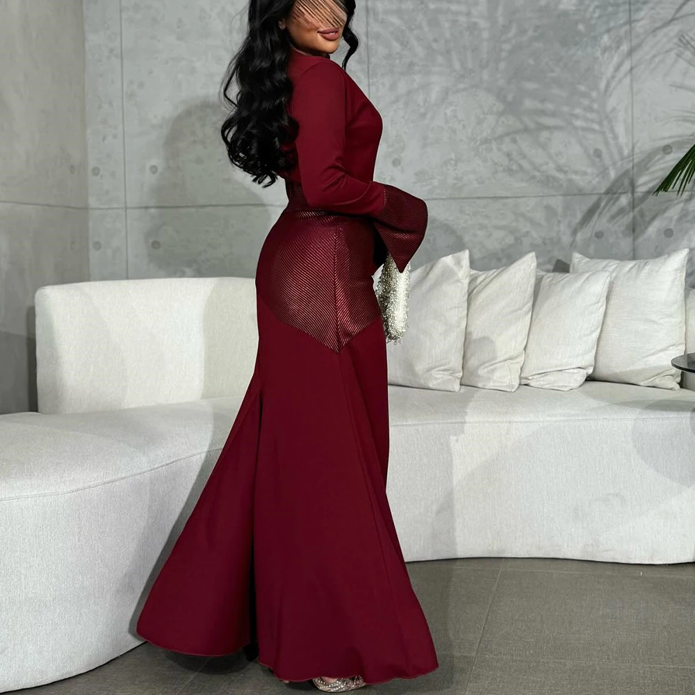 Customized Temperament Crew Neck Long Sleeves Evening Dress Graceful Mermaid Pleats Burgundy Party Gown vestidos para mujer