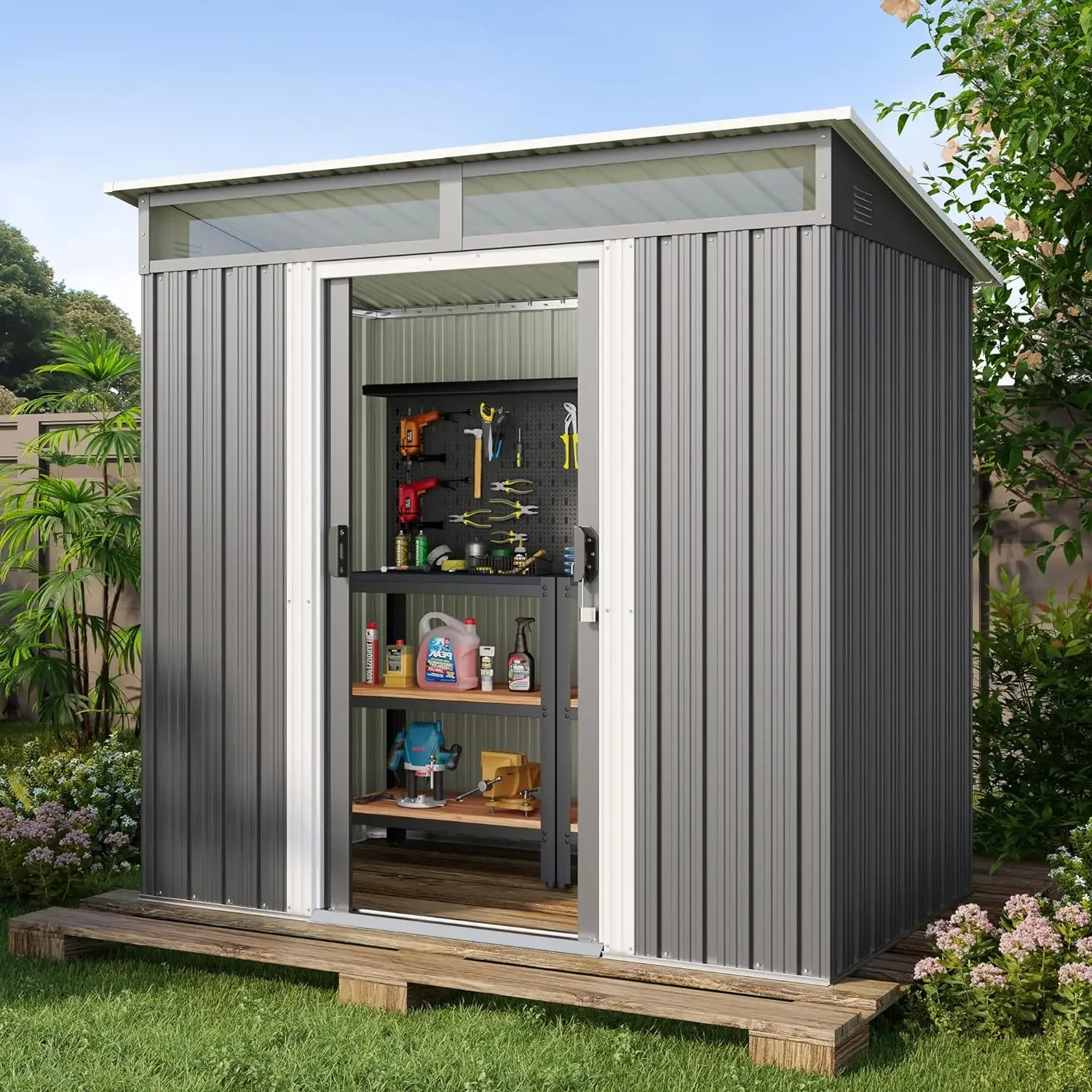 Outdoor Storage Shed w/ Sliding Doors, Versatile Metal with Anchors, Tool Shed with Transparent Panel Windows, Storage Clearance