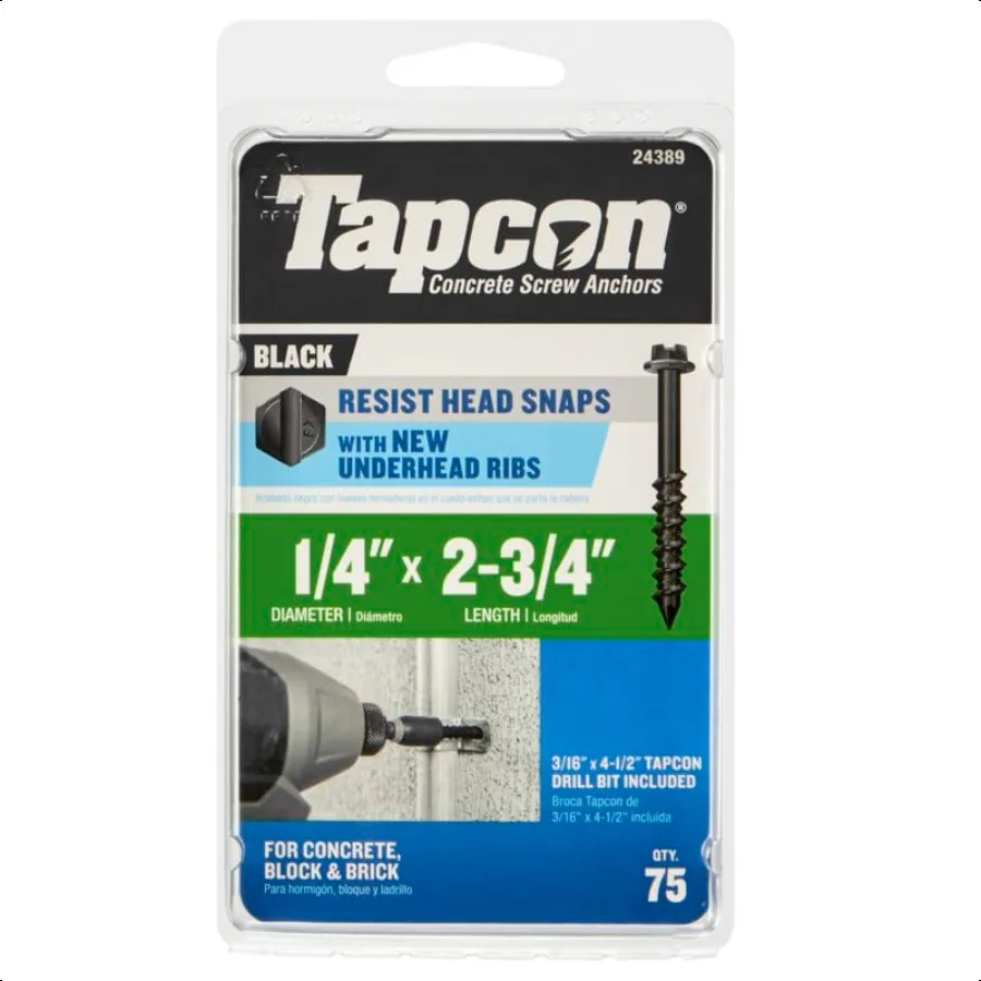 

Tapcon 24389 1 4 X 23 4 HEX Head Black Screw Anchor 75CT