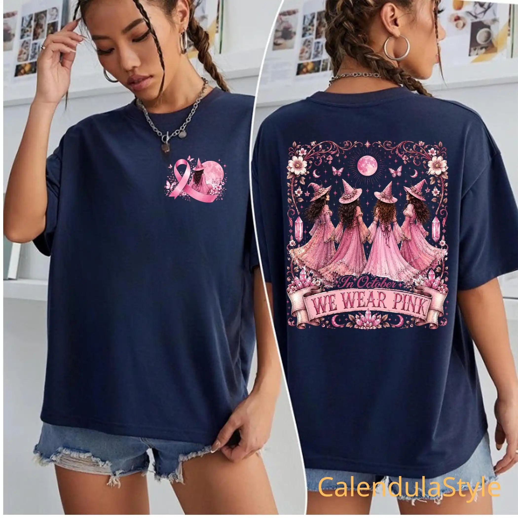 In October We Wear Pink Shirt, Breast Cancer Awareness Witch Tee, Pink Ribbon Halloween Sisterhood, Pink Ribbon Witch Hat Shirt