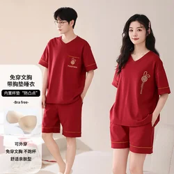 Couple Pajamas Set Cute Cartoon 100% Cotton Pyjamas Short Tops+Short Pants Sleepwear Women Casual Pyjamas With Chest Pad