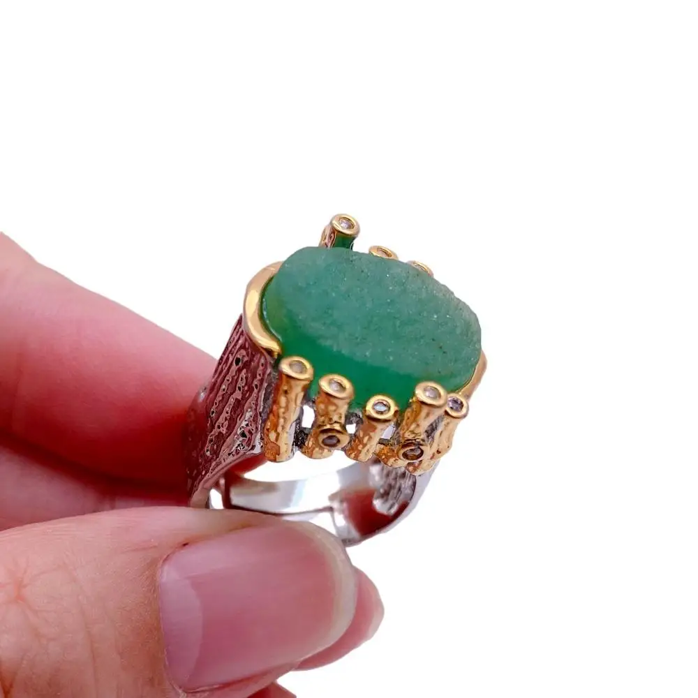 KKGEM CZ Pave 18x20mm Natural Green Fluorite Rough Real Stone Ring Gold Plated Adjustable Rings 2