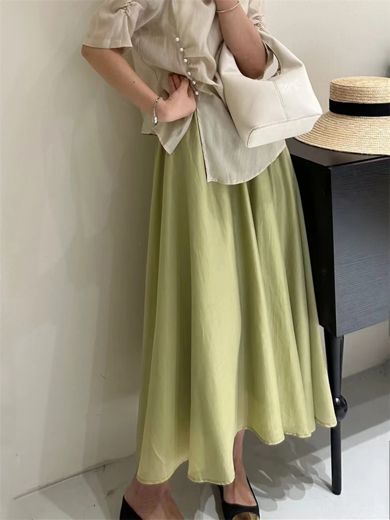 

2025 Summer Women's Lyocell Skirt Elegant A Line Shiny Skirt High Waist Korean Fashion Skirts Office Long Skirt 8 Color Vestiods