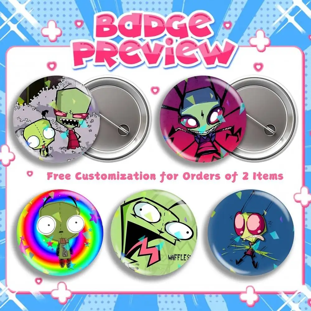 Gir-Bot Cartoon I-Invader Zim-m Round Brooch Pins, Personalized Badges With Broken Glass Design Fashion Accessory