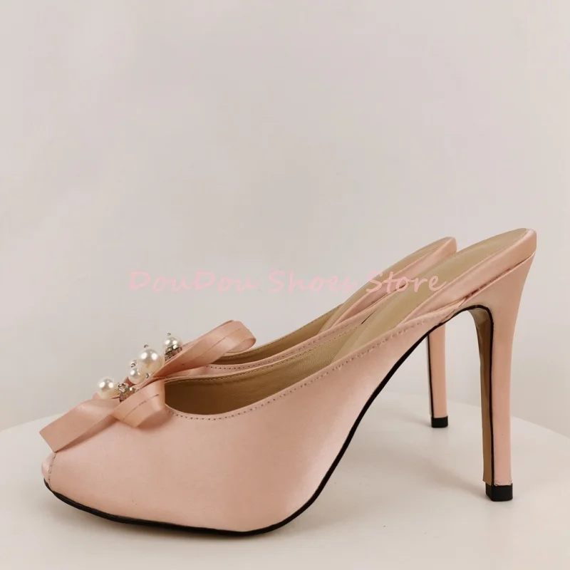 Pink Satin Bow Pearl Rhinestone Decor Mule Slippers Women Peep Toe Slip On Thin Heel Sandals Sexy Wedding Prom Party Dress Shoes view 6