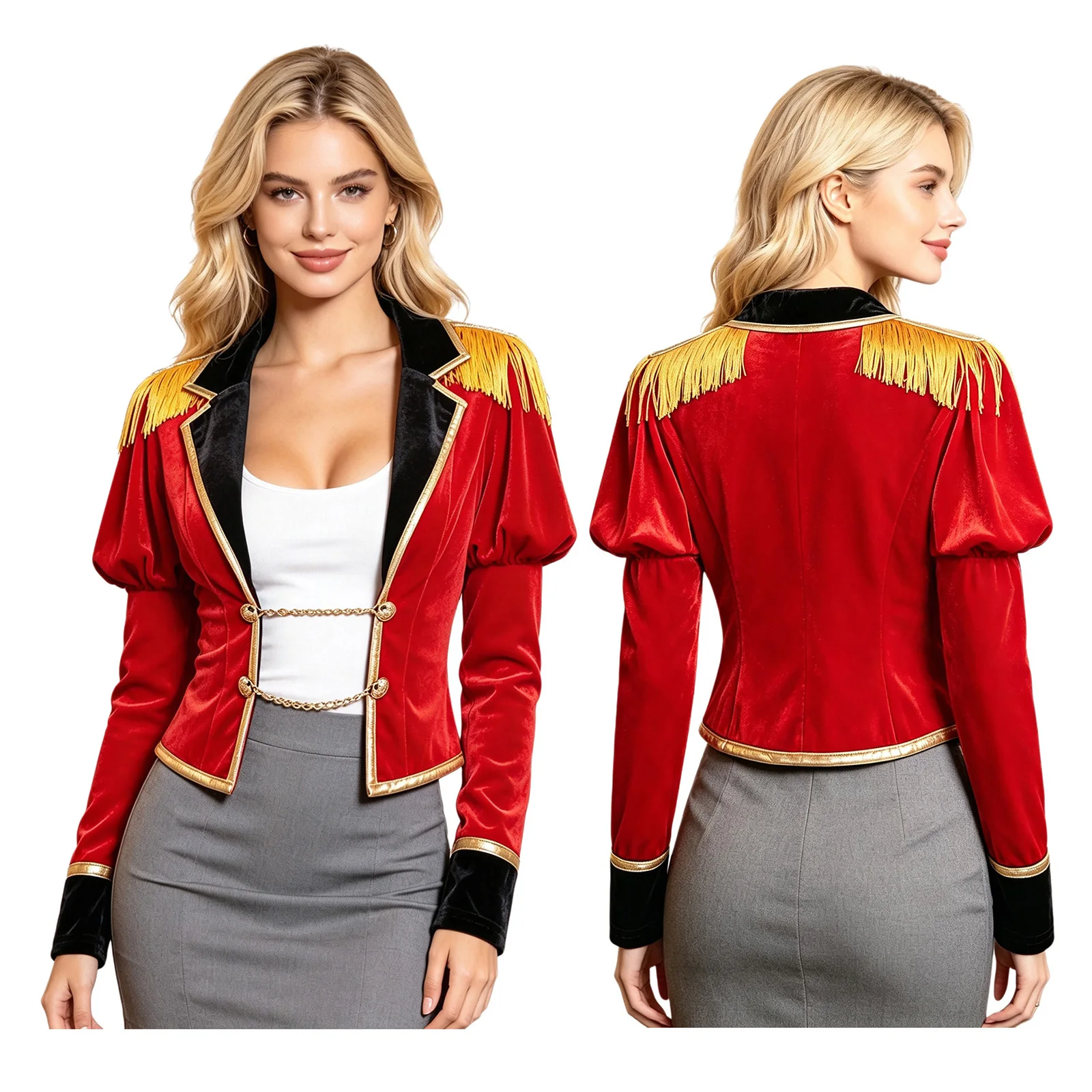 Women Long Sleeve Velvet Lapel Circus Ringmaster Jacket Coat Halloween Theme Party Carnival Masquerade Animal Tamer Costume