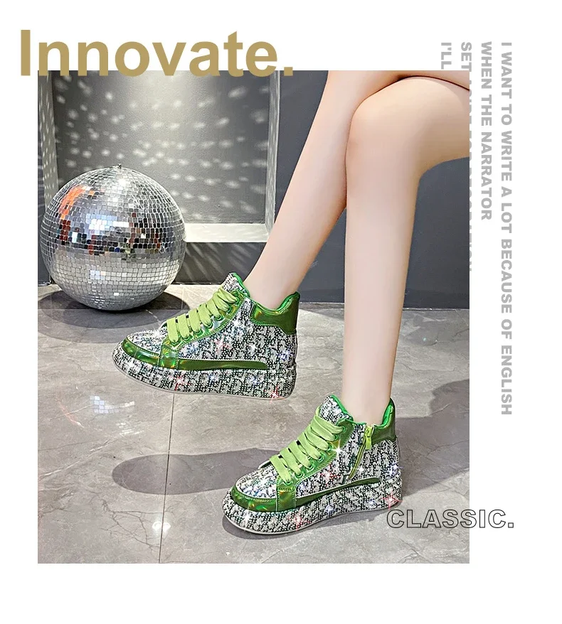 Women's Full Diamond Platform Sneakers Personalized Water Diamond Colored Embroidery Casual Shoes High Top Luxury Sports Shoes