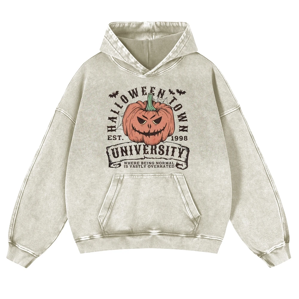 

Vintage Halloween Town University Pumpkin Women's Hoodie Spooky Season Stylish Halloween Retro Washed Pullovers Fall Sweatshirt