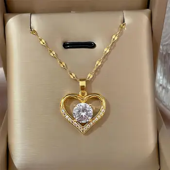 Trendy Heart Stainless Steel Zirconia Necklaces For Women Girls Love Gold Color Metal…