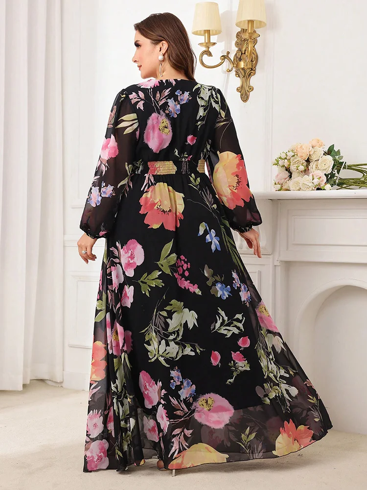 TOLEEN 2024 Neue Frauen Plus Größe Floral Bedruckte V-ausschnitt Langarm Kleid Sommer Frühling Casual Elegante Party Urlaub Maxi Kleider