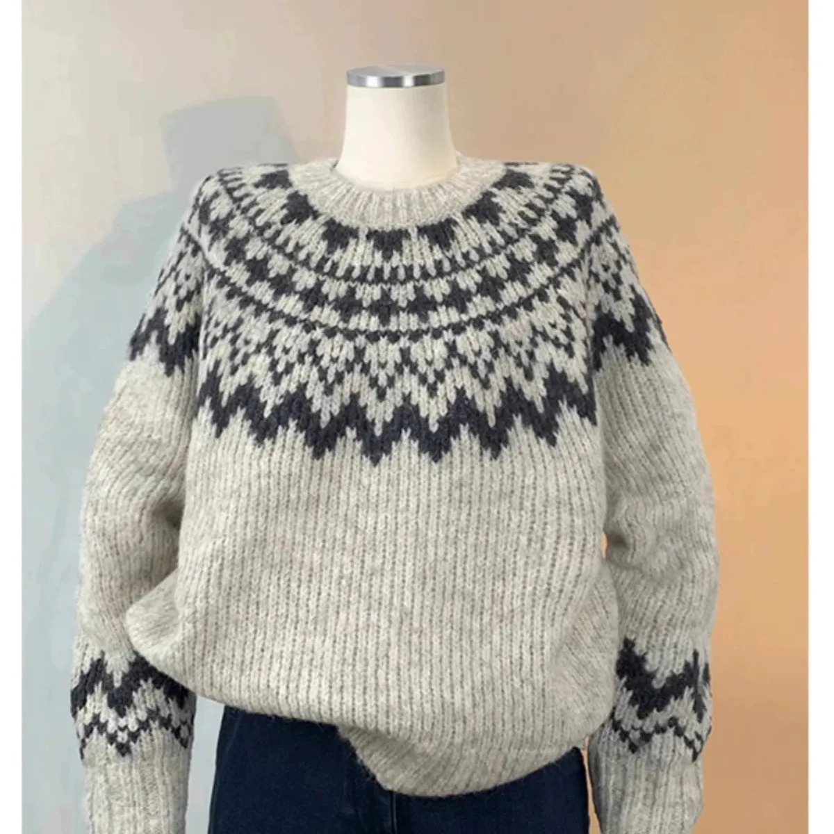 

Шерстяной свитер женский ретро жаккардовый круглый вырез свободный толстый топ осень зима ленивый стиль