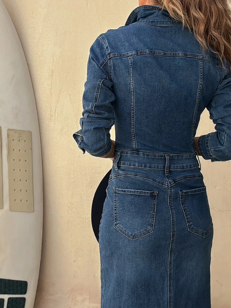 Denim Style Solid Patchwork Party Dress, Women Autumn Turn-Down Collar Simple Maxi Dress, 2025 Long Sleeve Fashion Ladies Dress