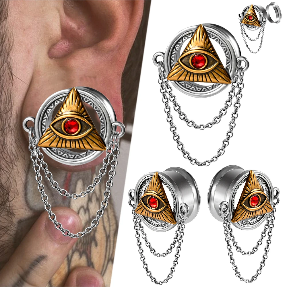 2-1PCS Red CZ Evil Eyes With Double Chain Hang Ear Plugs Surgical Steel Flared Ear Tunnel Expansion Ear Gauge Strengthed Earring