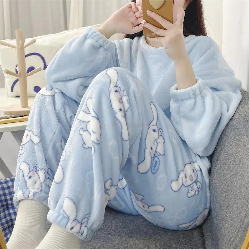 Sanrio Anime Cinnamoroll Kawaii Pajamas Girl Round Neck Loungewear Set Good Looks Flannel Coral Fleece Thicken Long Sleeves Gift